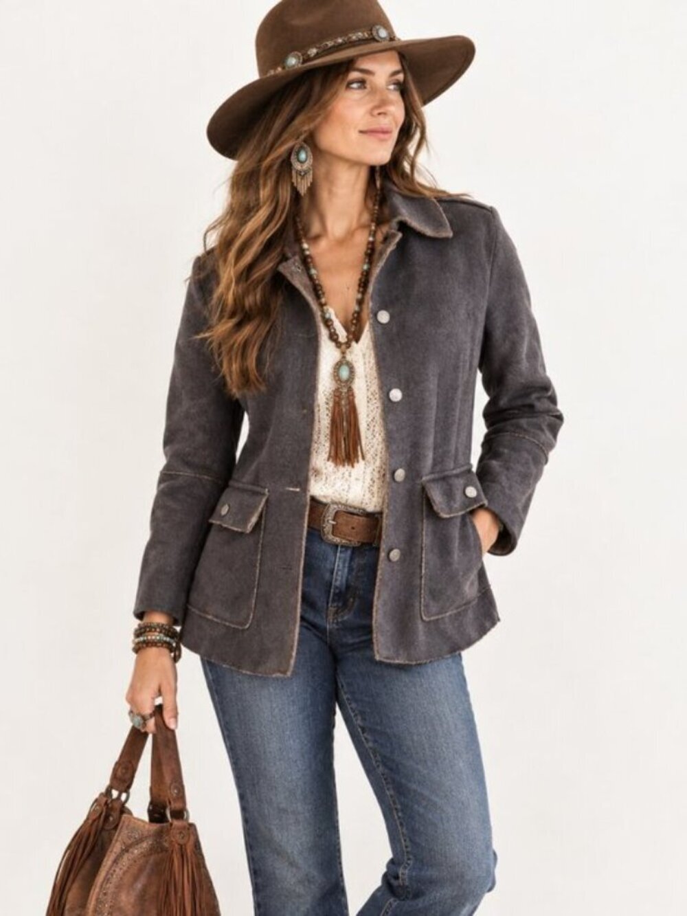 CAbi Jacket Women's size S Brown Faux Fur Lined Penny Lane Western Boho 335 NEW